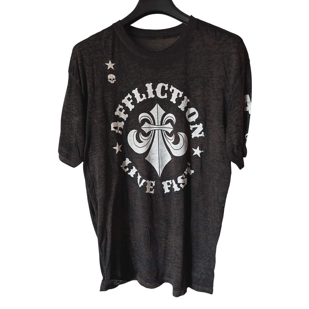 Affliction Graphic T-Shirt Mens XXL Black Burnout Live Fast Fleur De Lis USA